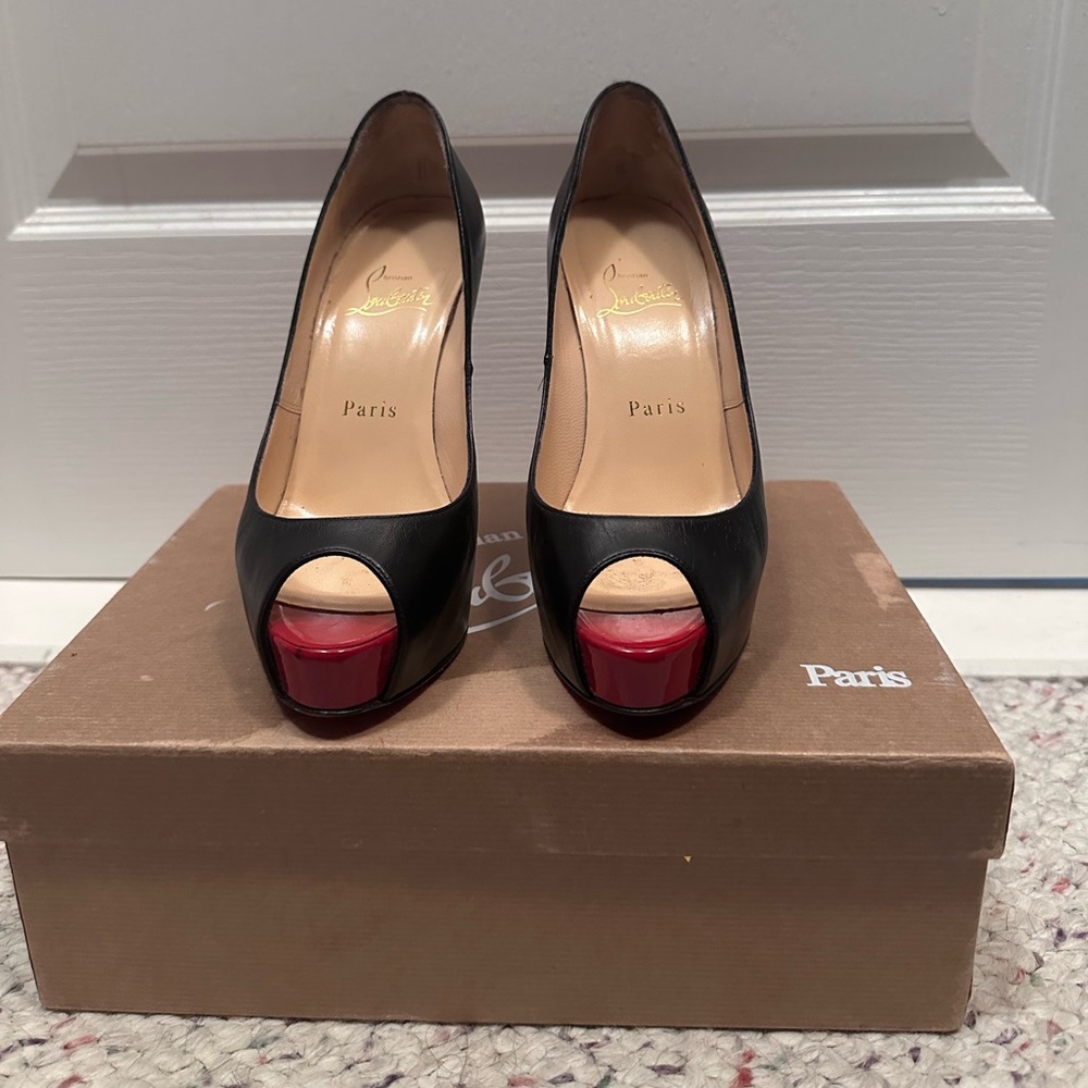 Christian Louboutin Black and Red Peep Toe Heels - Size 36.5 / US 6.5